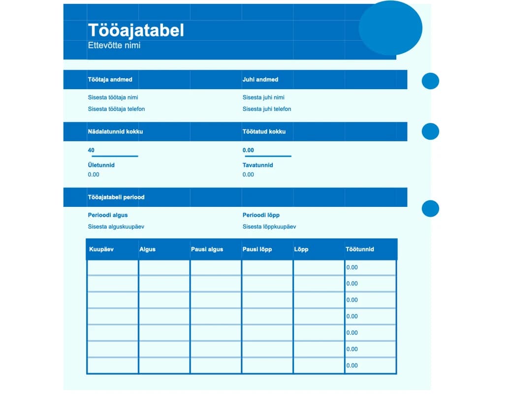 Lihtsa tööaegade tabeli Exceli malli eelvaade