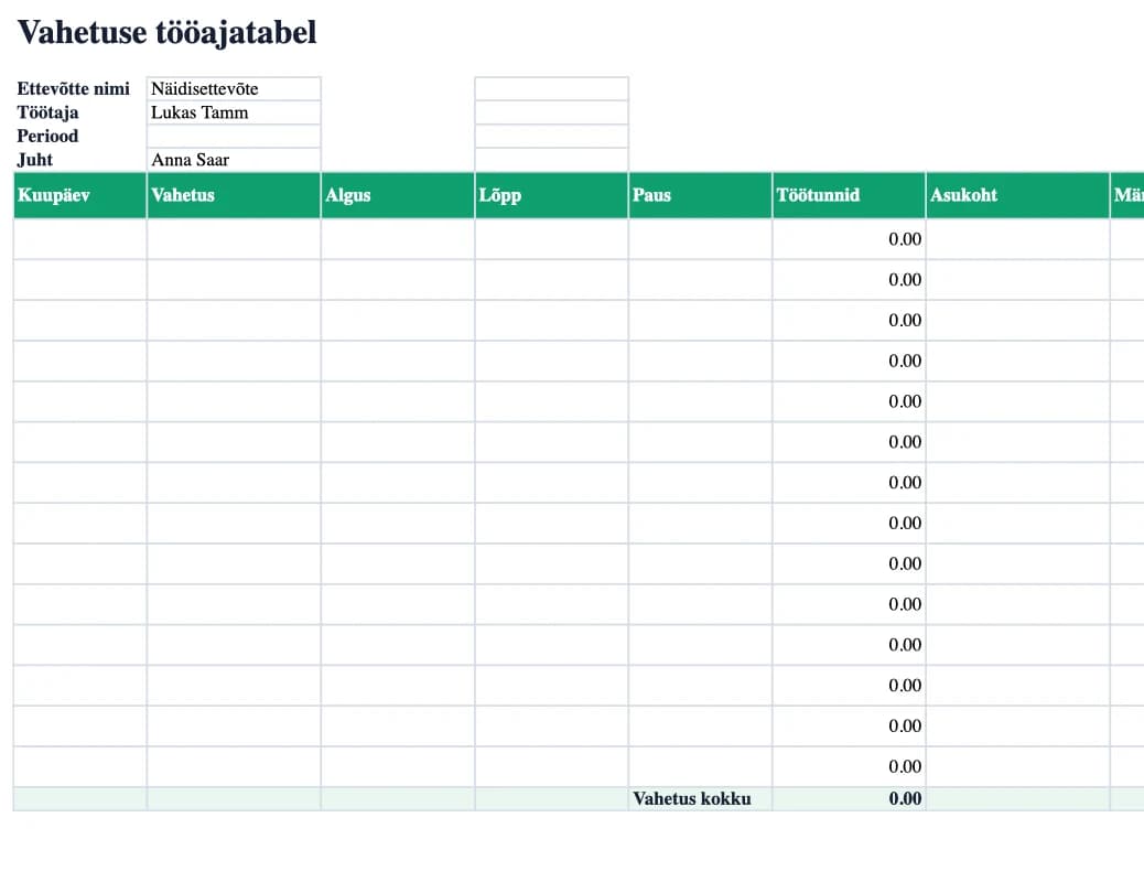 Exceli eelvaade: Vahetuse tööajatabel
