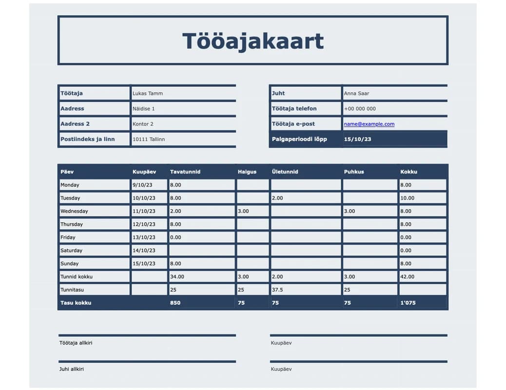 Sisse- ja väljaregistreerimise kellakaardi Exceli malli eelvaade