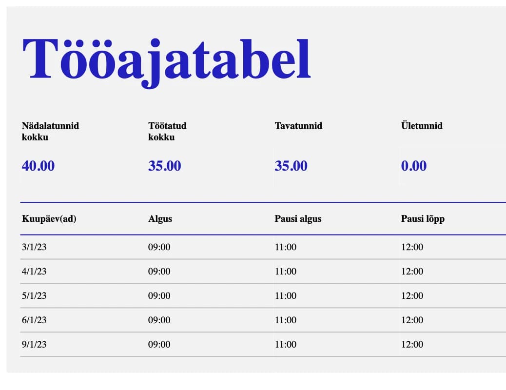 Nädalase tööajatabeli Exceli malli eelvaade